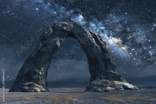 A photorealistic image of a majestic rock archway standing tall against a backdrop of a starry night sky.