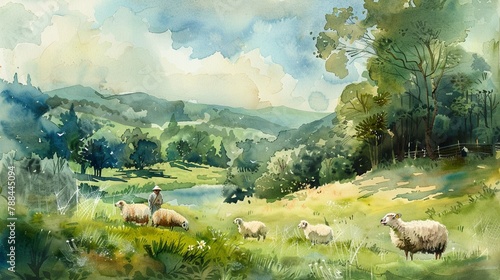 Pastoral watercolor scene with sheep and a shepherd