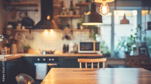 Modern kitchen interior design with retro warm style blurred background. AI generated image
