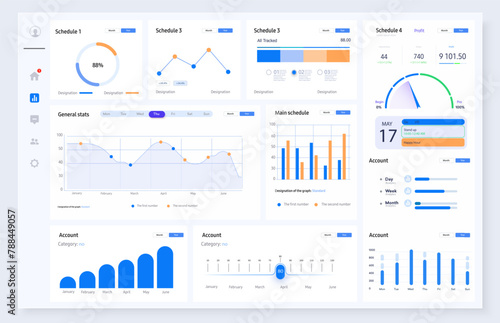 Comprehensive Analytics Dashboard UI with Diverse Data Visualization. User interface of an analytics dashboard featuring a variety of graphs and charts for efficient data management and monitoring. 