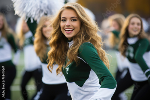 Vivacious cheerleader with golden locks smiling brightly during a spirited team performance.