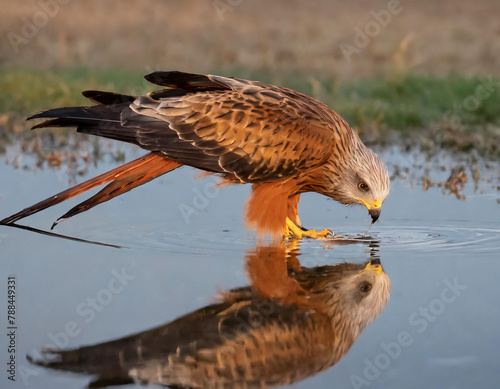 Red Kite (Milvus milvus) drinking water at a waterhole and its reflection mirroring on the water