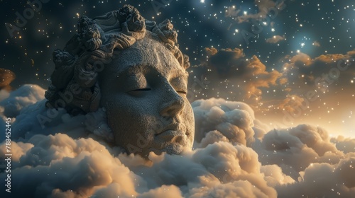 A dreamlike scene, a colossus going above the clouds, stars are shining, Isolated monument, vanished glory in the dense clouds, showing Obscurity, Oblivion of king