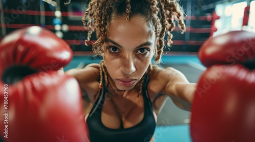 Dynamic snapshot of a female boxer taking a selfie, showing off her gloves and determination
