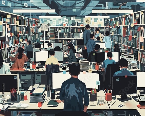 Office at peak hours, with workers collaborating intensely