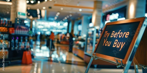 A "Try Before You Buy" sign offering product demonstrations at a shop. 