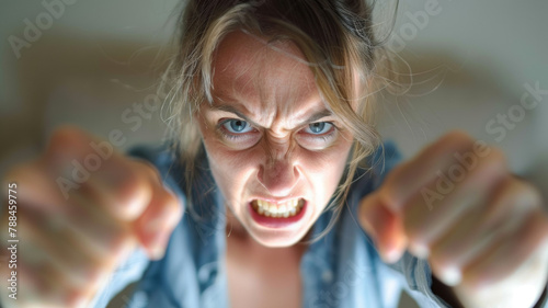 femme rageuse de face exprimant sa colère les poings serrés devant elle