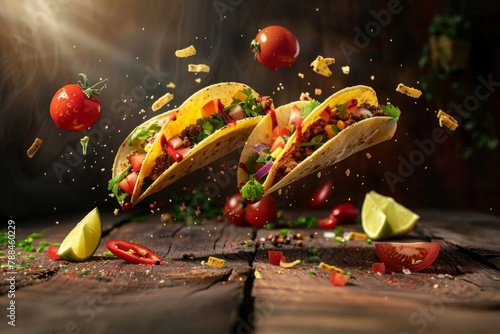 Mexican tacos are captured in a moment of culinary euphoria as their fresh ingredients seem to defy gravity.
