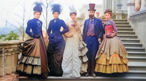 1850s Fashion Victorian style man and women in elegant clothes with hat posed for photoshoot old times look at camera