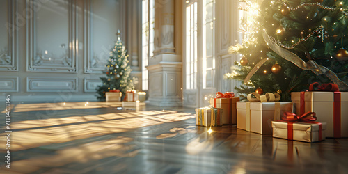 3d render illustration digital painting interior design christmas concept pine trees decorated red package gifts around