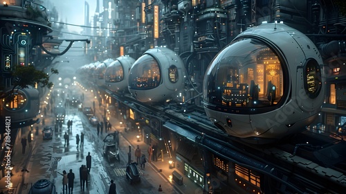 Futuristic City with Steam-Powered Locomotives and Glowing Lights in the Nightscape