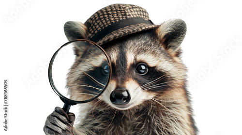 Funny curious detective raccoon with a magnifying glass, isolated on transparent background