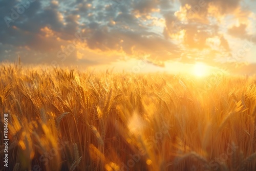 Golden Wheat Field at Sunset in Picturesque Countryside Landscape