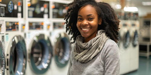 Positive happy clothes store owner smiling at the camera with jackets on background. Successful African-American professional entrepreneur woman running a small business