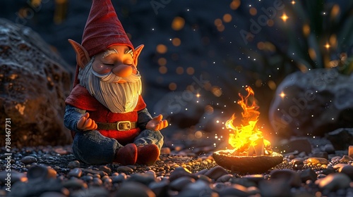 Gnome packs meditation interrupted by fire discovery, Fasolada night under stars , 3DCG