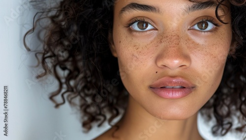 Close-up portrait of a mixed-race woman with a neutral ex