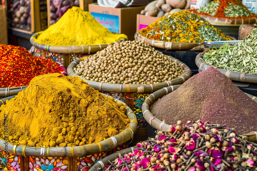 The spice counter, spice market is a vibrant display of exotic flavors and colors