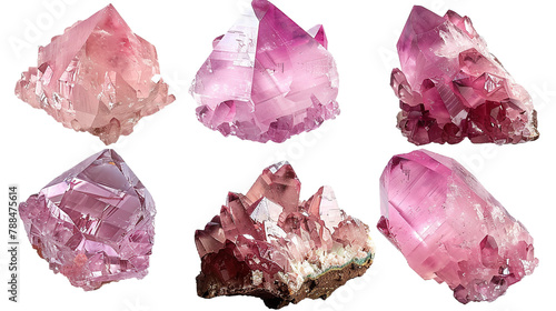 Morganite gemstone collection in 3D digital art, transparent background. Top view, flat lay of elegant pink crystals for luxury jewelry design. Isolated precious stones with brilliant sparkle.