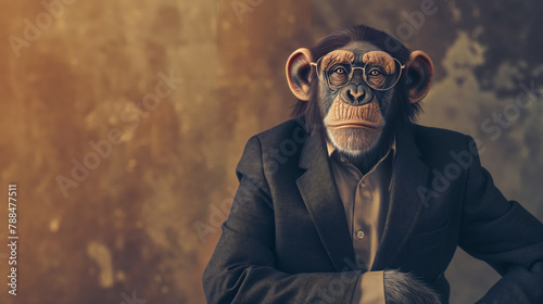 Anthropomorphic business monkey concept portrait in stylish professional attire with full-length suit. Portraying a surreal and whimsical executive humanoid character