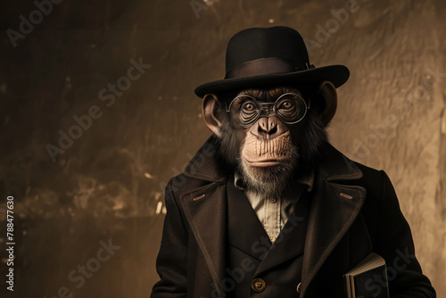Portrait of an anthropomorphic monkey dressed in vintage gentleman attire