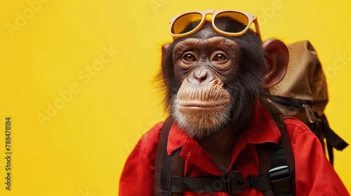 Intelligent and anthropomorphic chimpanzee dressed up in a fun and creative costume. Wearing sunglasses and carrying a backpack. Ready for adventure and travel with a vibrant yellow background