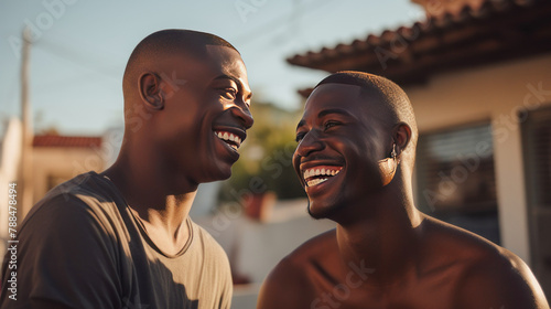 Two young African Americans laughing outdoors 