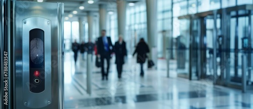 Setting up a fingerprint access control at a government building, authoritative, fortified