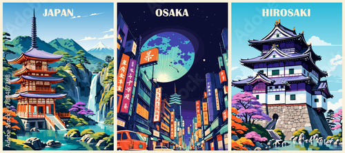 Set of Japan Travel Destination Posters in retro style. Osaka night city, Hirosaki Castle, Nach Fall digital prints. Exotic summer vacation, holidays concept. Vintage vector colorful illustrations.
