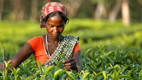 farmer tenderly collects the young leaves, a picture of dedication and the timeless art of tea cultivation.
