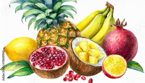 Ripe fruits Hand drawn watercolor painting on white background. Coconut, banana, lemon, pineapple, mango and pomegranate