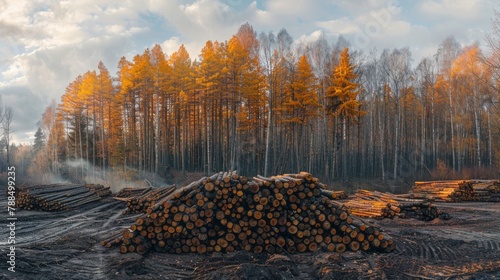 A large pile of logs sits in front of a dense forest during autumn