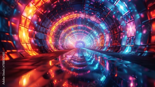 A glowing blue and orange tunnel with a shiny reflective floor.