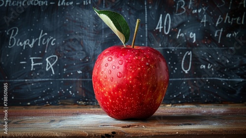 A red apple sits on a wooden table in front of a blackboard.