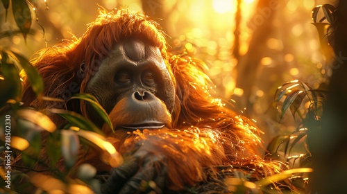 An orangutan sits in the jungle, looking out at the world with a mixture of curiosity and sadness in its eyes. The sun is setting, and the light is casting shadows across the orangutan's face. The ora