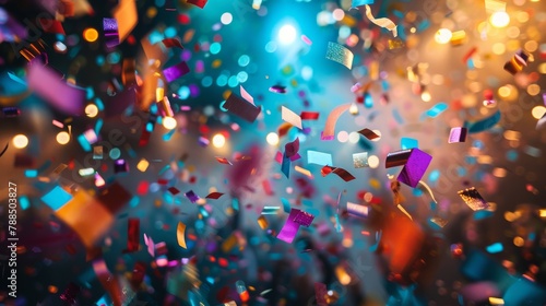 Confetti falling in front of a blurred background of bright lights.