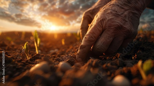 A farmer's hands sows seeds in the soil at sunset.