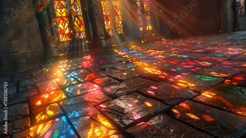 Gothic Cathedral Mystery Stained glass casting colorful shadows on an ancient stone floor