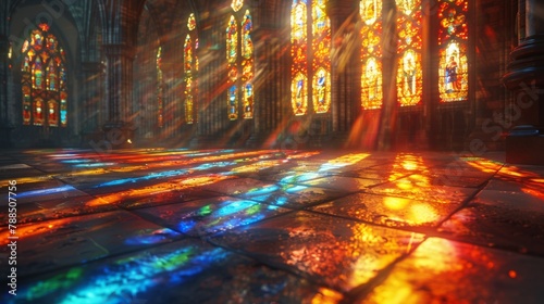 Gothic Cathedral Mystery Stained glass casting colorful shadows on an ancient stone floor