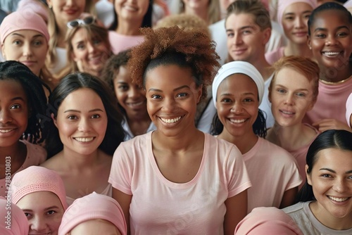 Diverse group of people make campaign for breast cancer awareness and charity fundraising, promoting mental health well-being and sustainability