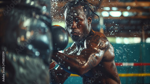 A boxer trains intensely, throwing punches at a bag or shadowboxing with focus and precision, showcasing empowering workout of boxing training for both strength and cardiovascular fitness.