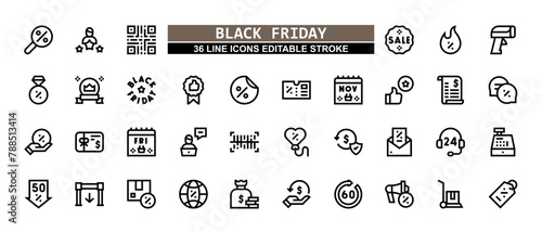 36 Black Friday Line Icons Set Pack Editable Stroke Vector Illustration.