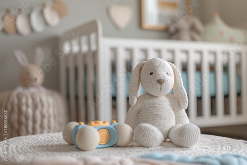 Cute toy bunny with wooden toy train on bed in baby room