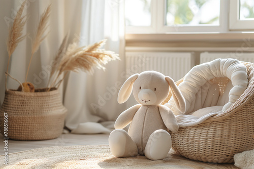 Cute soft toy bunny in wicker basket on bed at home