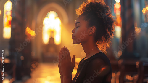 With closed eyes and a peaceful countenance, someone kneels in prayer or meditation in a place of worship, finding solace and inner peace in their spiritual devotion.