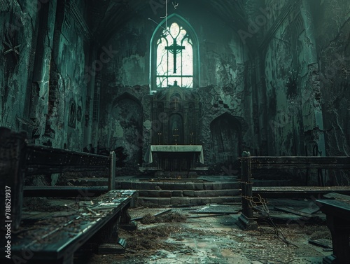 A dark and overgrown church with pews, an altar, and a large stained glass window.