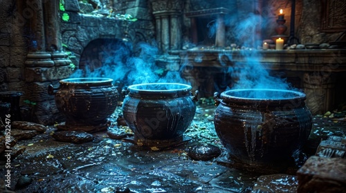 Three bubbling cauldrons in a dark, stone room.