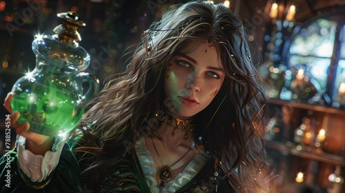 A beautiful elven woman with long brown hair holding a glowing green potion in a medieval tavern