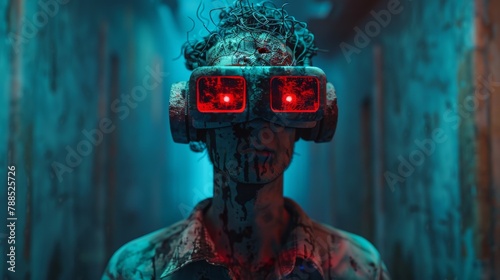 A photo of a creepy person wearing a pair of red glowing goggles.