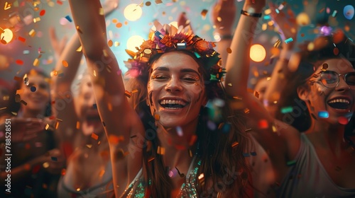 A photo of a young woman at a party, smiling and laughing, with her arms in the air and confetti falling around her.