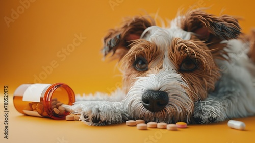 A dog looking sad with a pill bottle and pills spilled in front of him.